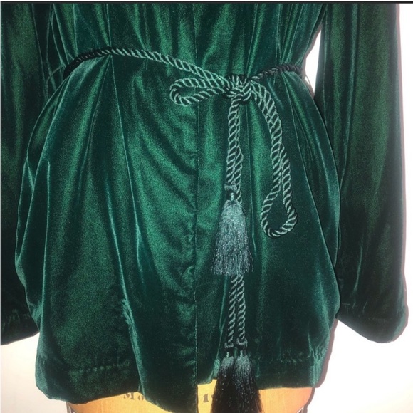 H&M] Blackish Green Velvet Tassel belt Open front wrap Jacket - Picture 7 of 10